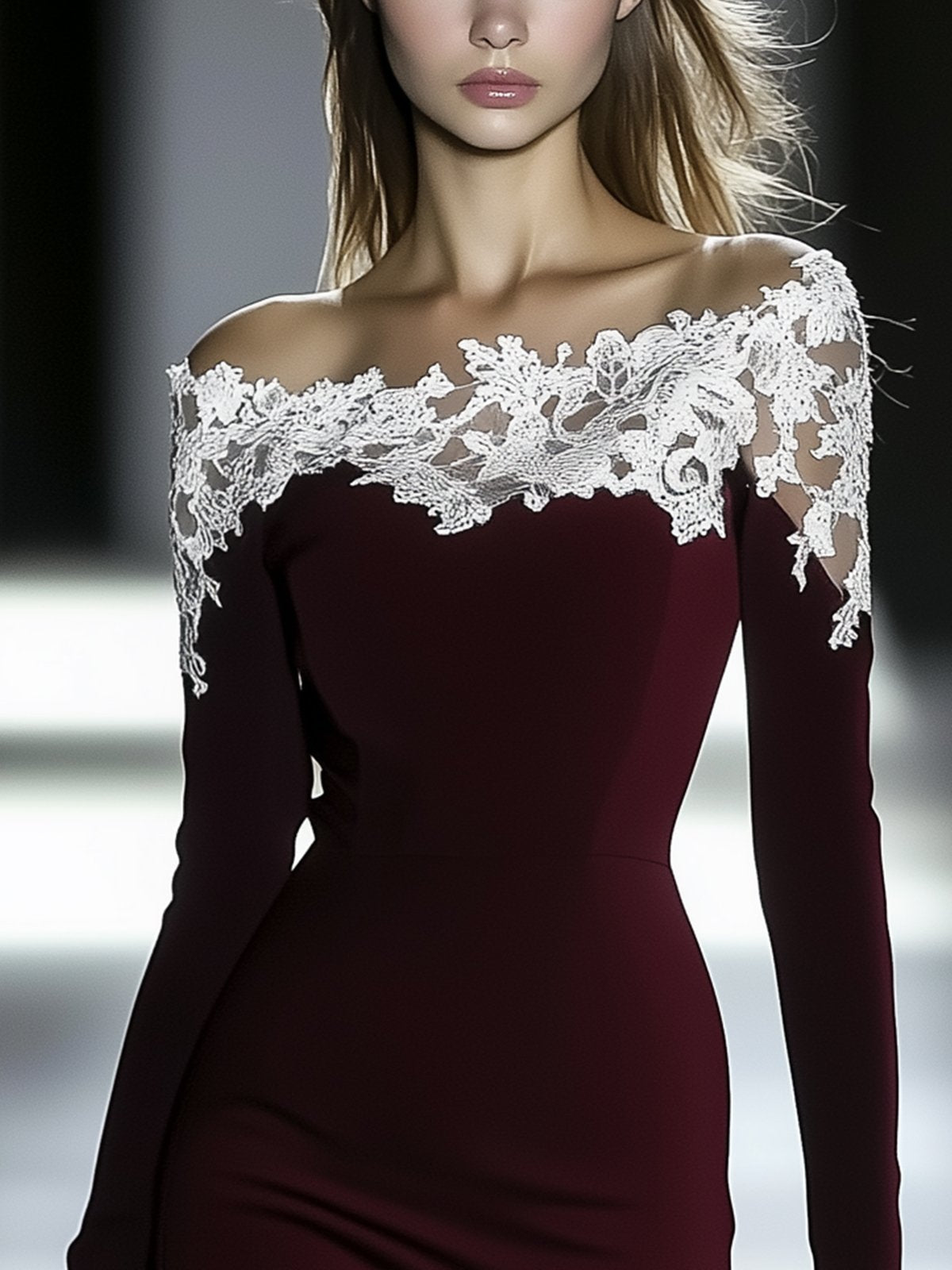 Elegant Burgundy Bodycon Dress With White Lace Neckline