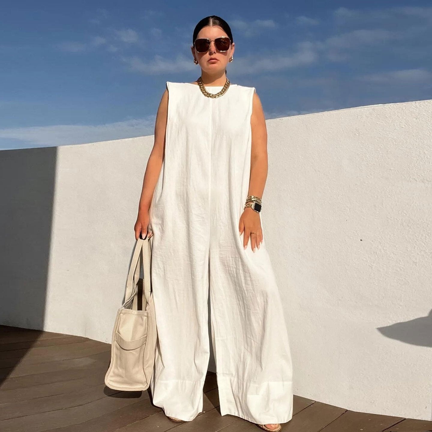 Solid Color Sleeveless Wide Leg Jumpsuits