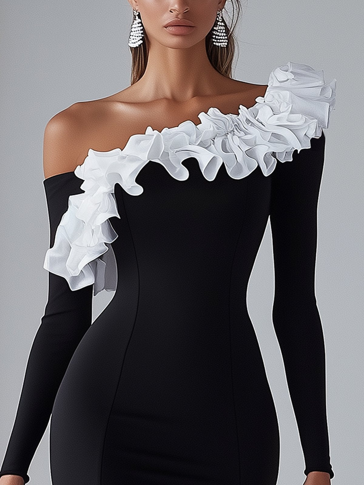 White Ruffle Neck Long Sleeve Black Bodycon Dress