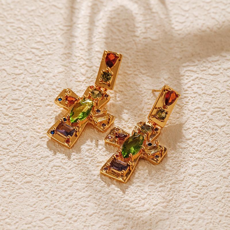 Copper Cross Rhinestone Earrings