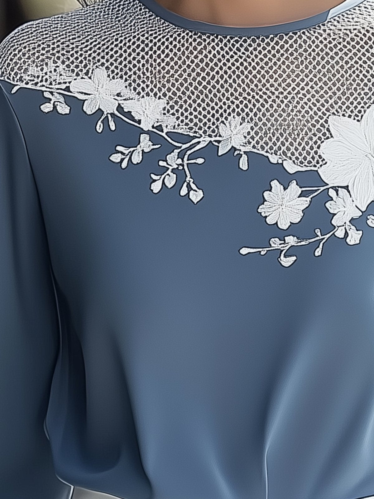 Light Blue Chiffon Embroidered Top With Mesh Neckline