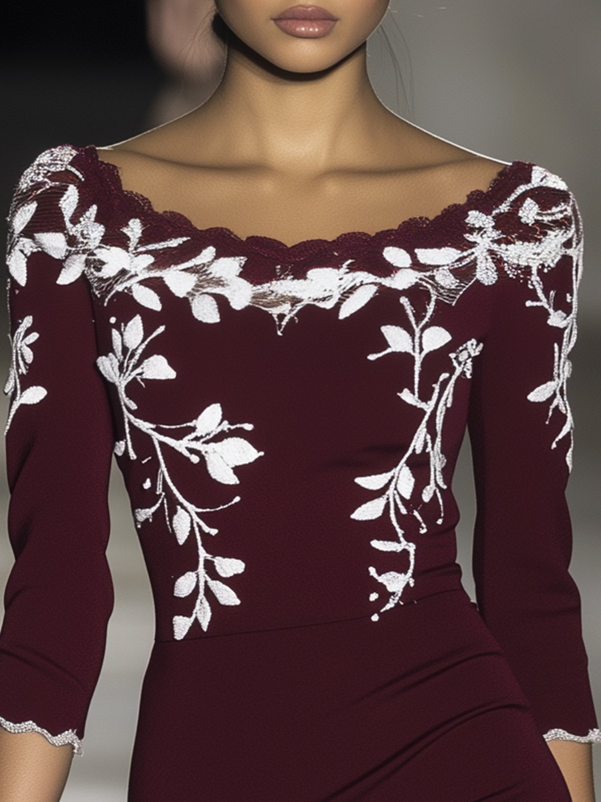 Wine Red Floral Print Three-Quarter Sleeve Bodycon Dress