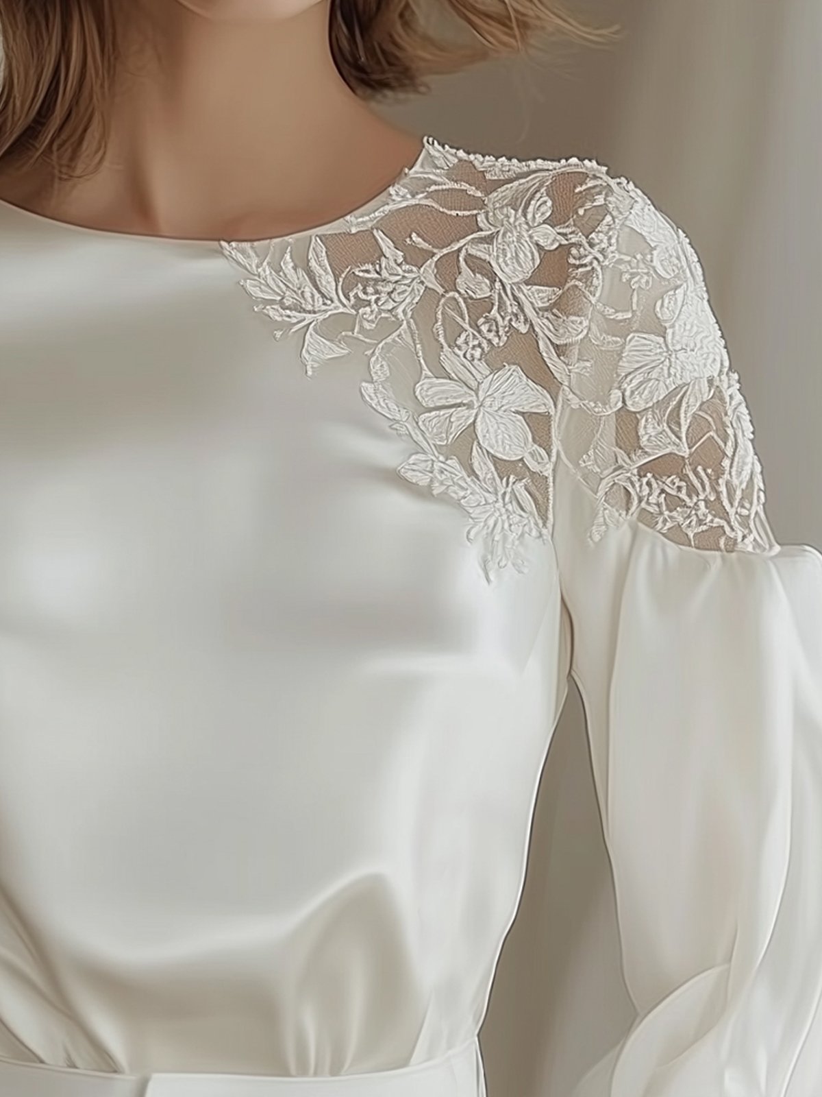 White Satin Shirt With Lace Shoulder Panels