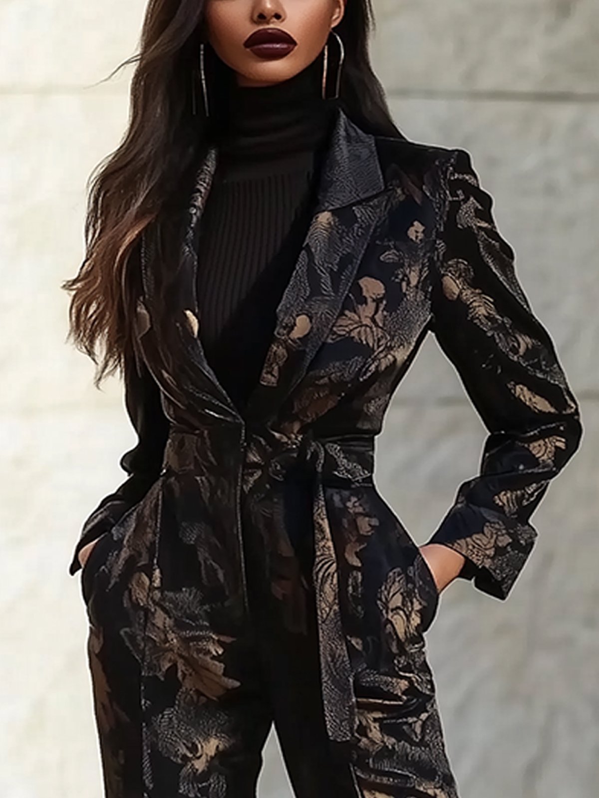 Black Lapel Jumpsuit With Gold Foil Design