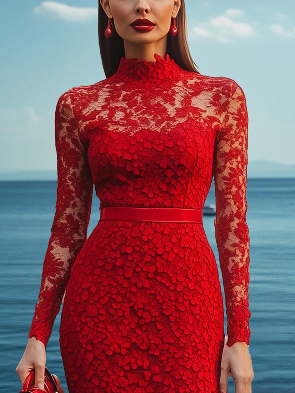 Red Lace High-Neck Long-Sleeve Bodycon Dress