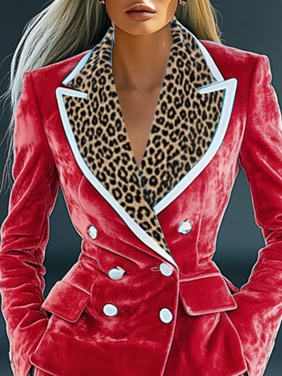 Red Velvet Blazer With Leopard Print Collar