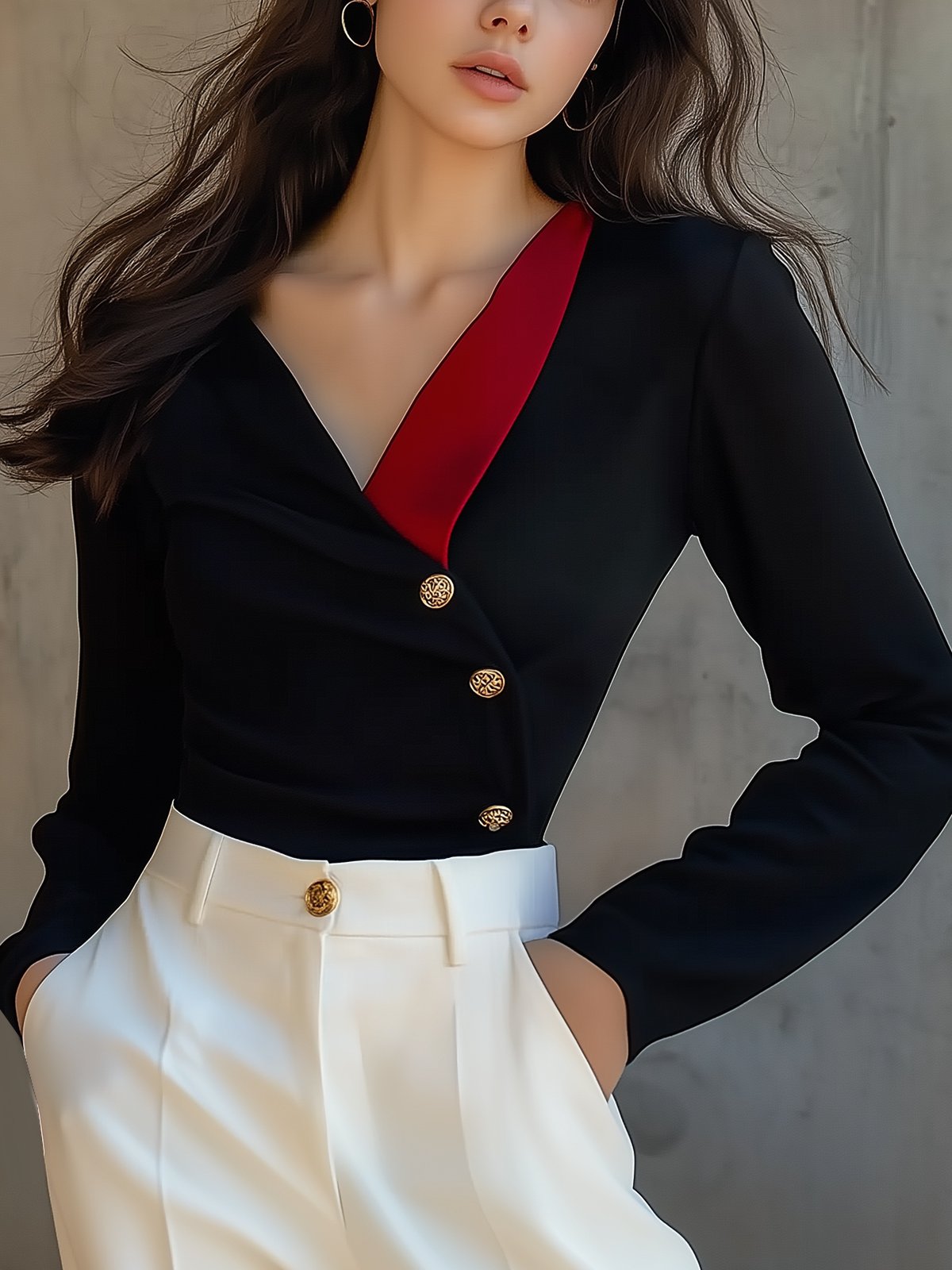 Unique Color-Block V-neck Blouse With Gold Single-Breasted Buttons