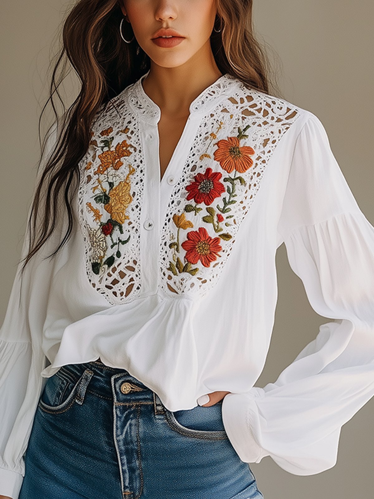 Fashion Flower Embroidered Shirt