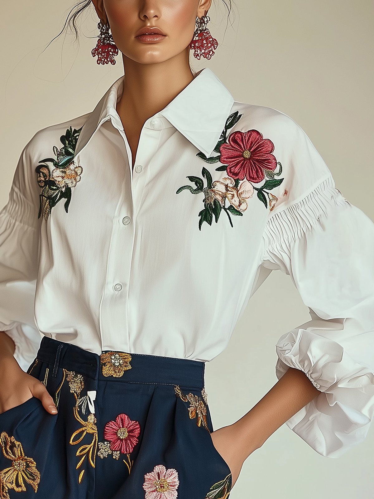 Fashion Lantern Sleeve Embroidered Blouse