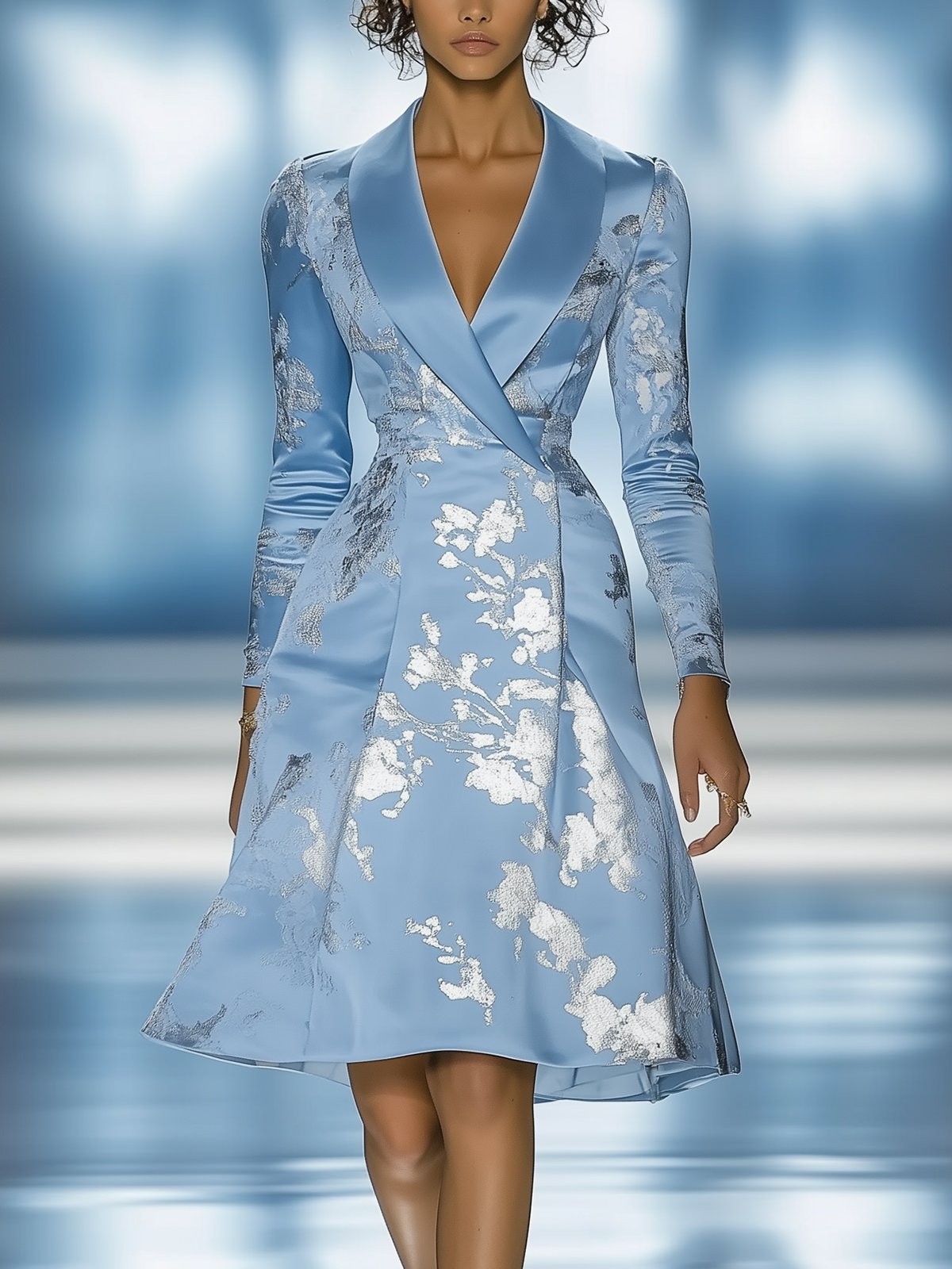 Blue Satin A-Line Dress With Silver Print