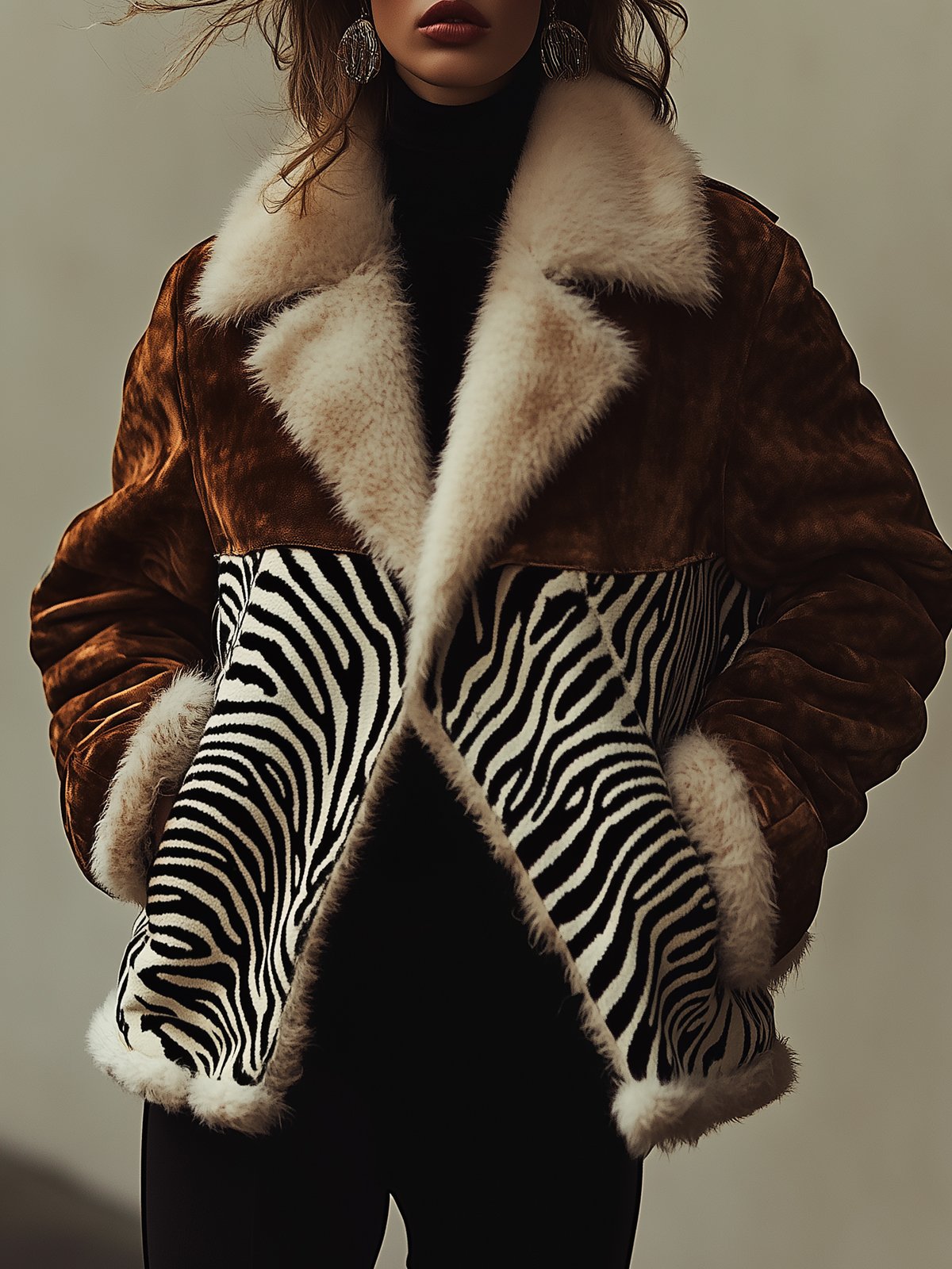 Suede Zebra Print Patchwork Warm Coat