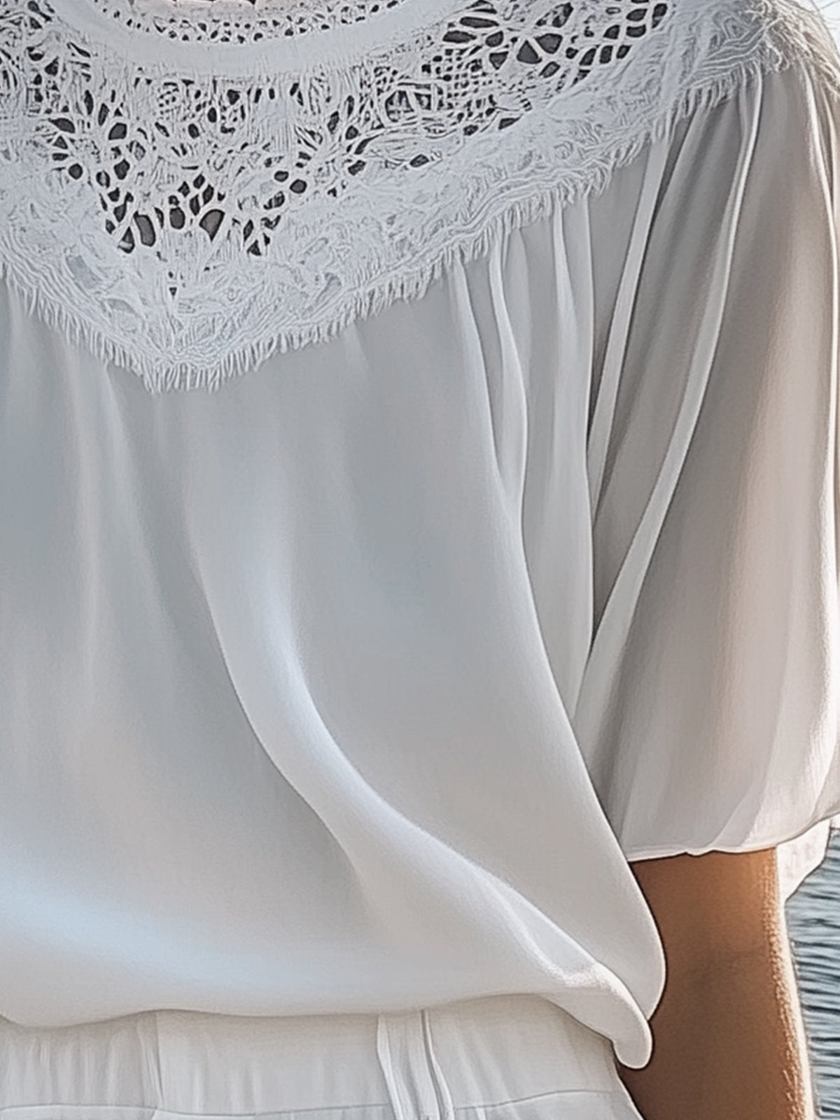 White Chiffon Short-Sleeve Top With Lace Neckline