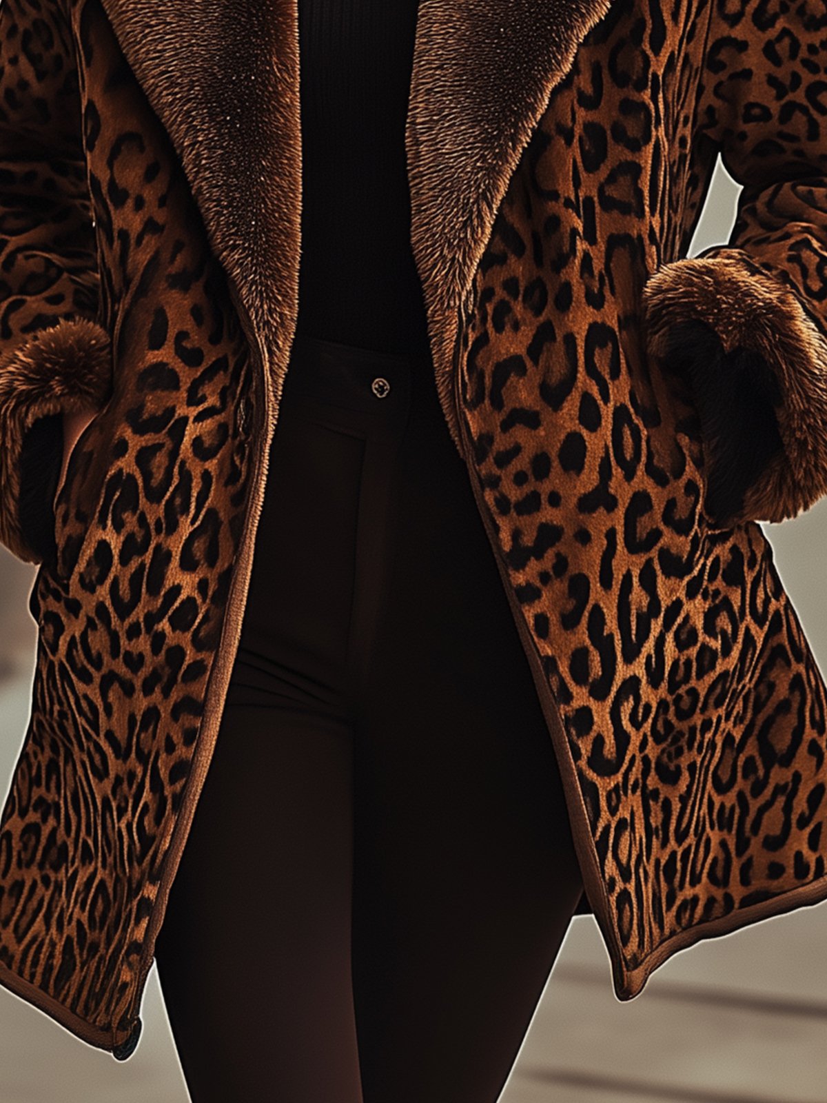 Leopard Print Sherpa Collar Coat With Pockets