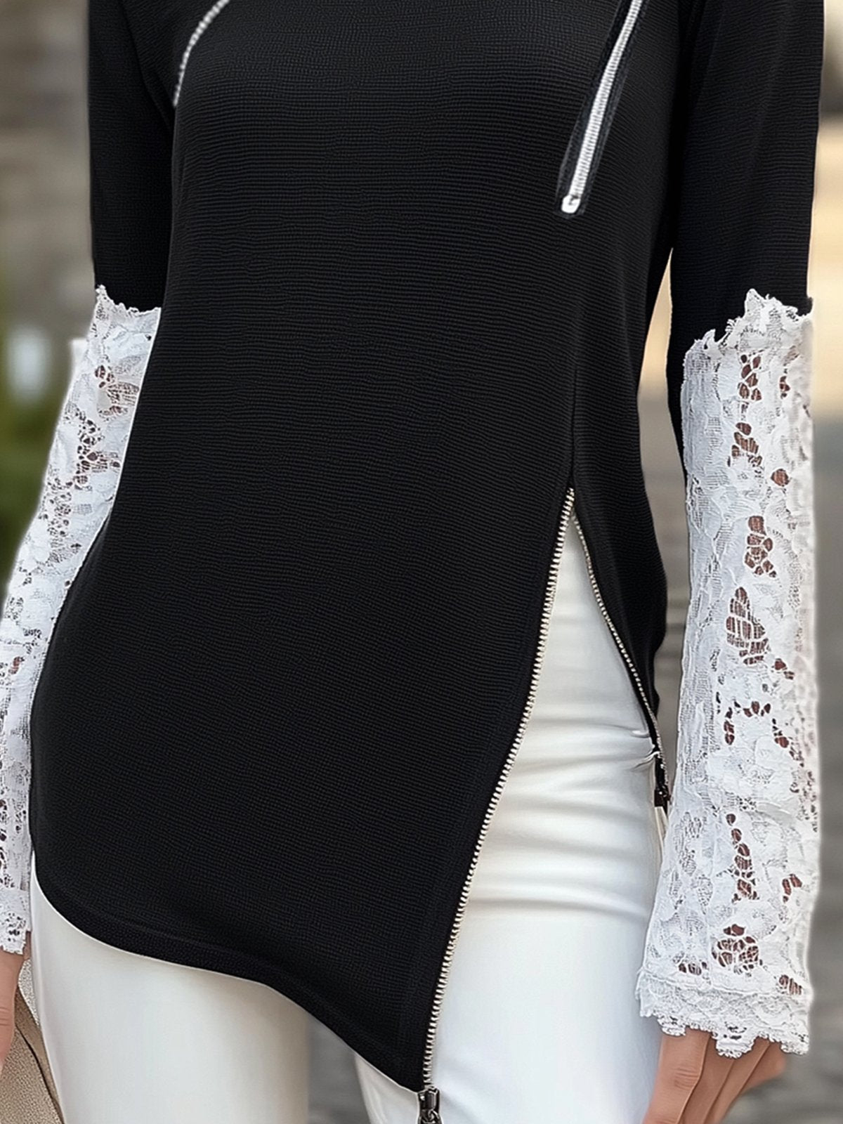 Black High Neck Long Sleeve T-Shirt With Side Slit And Zipper Design