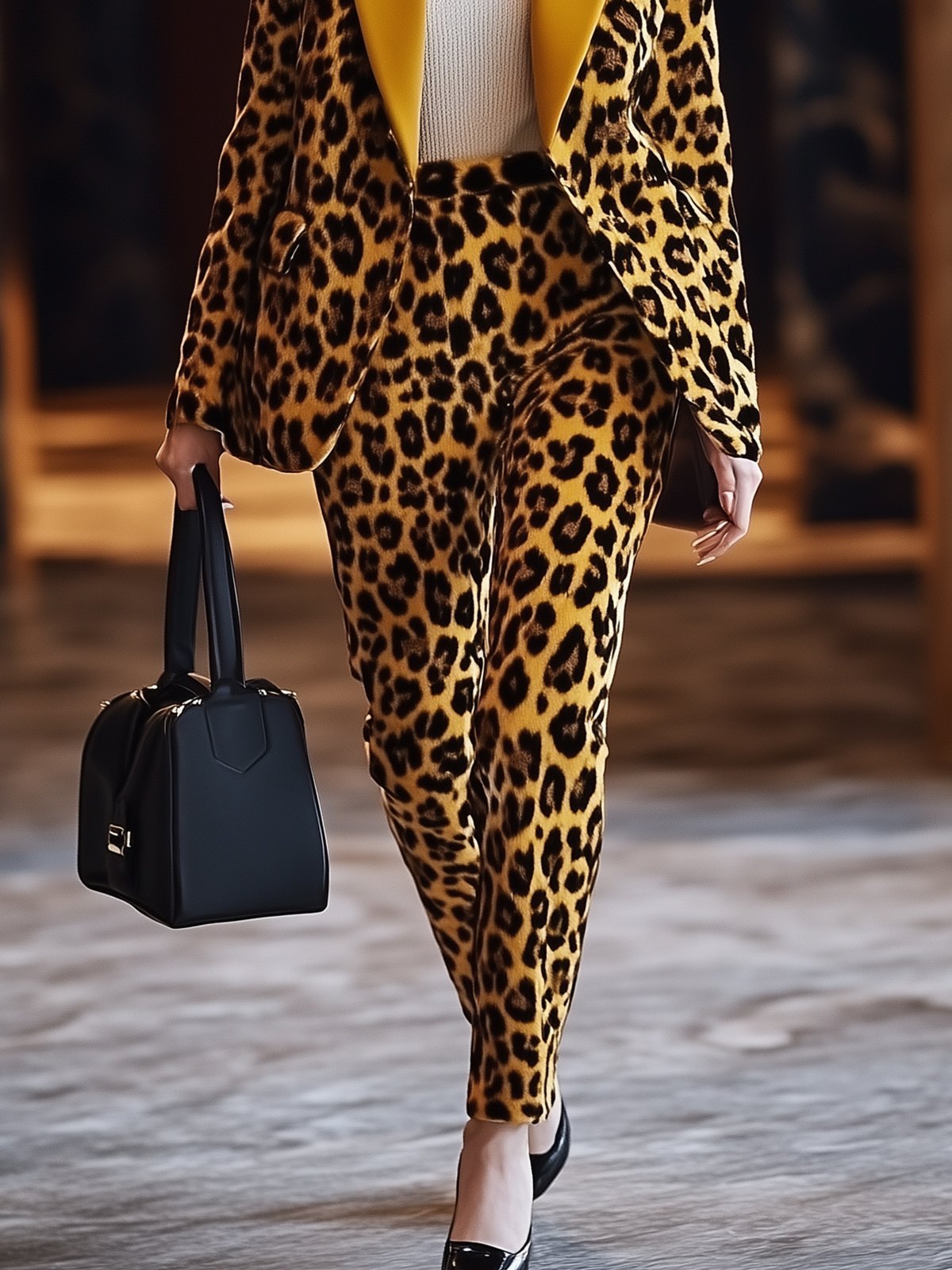 Yellow Velvet Leopard Print Blazer And Pants Suit