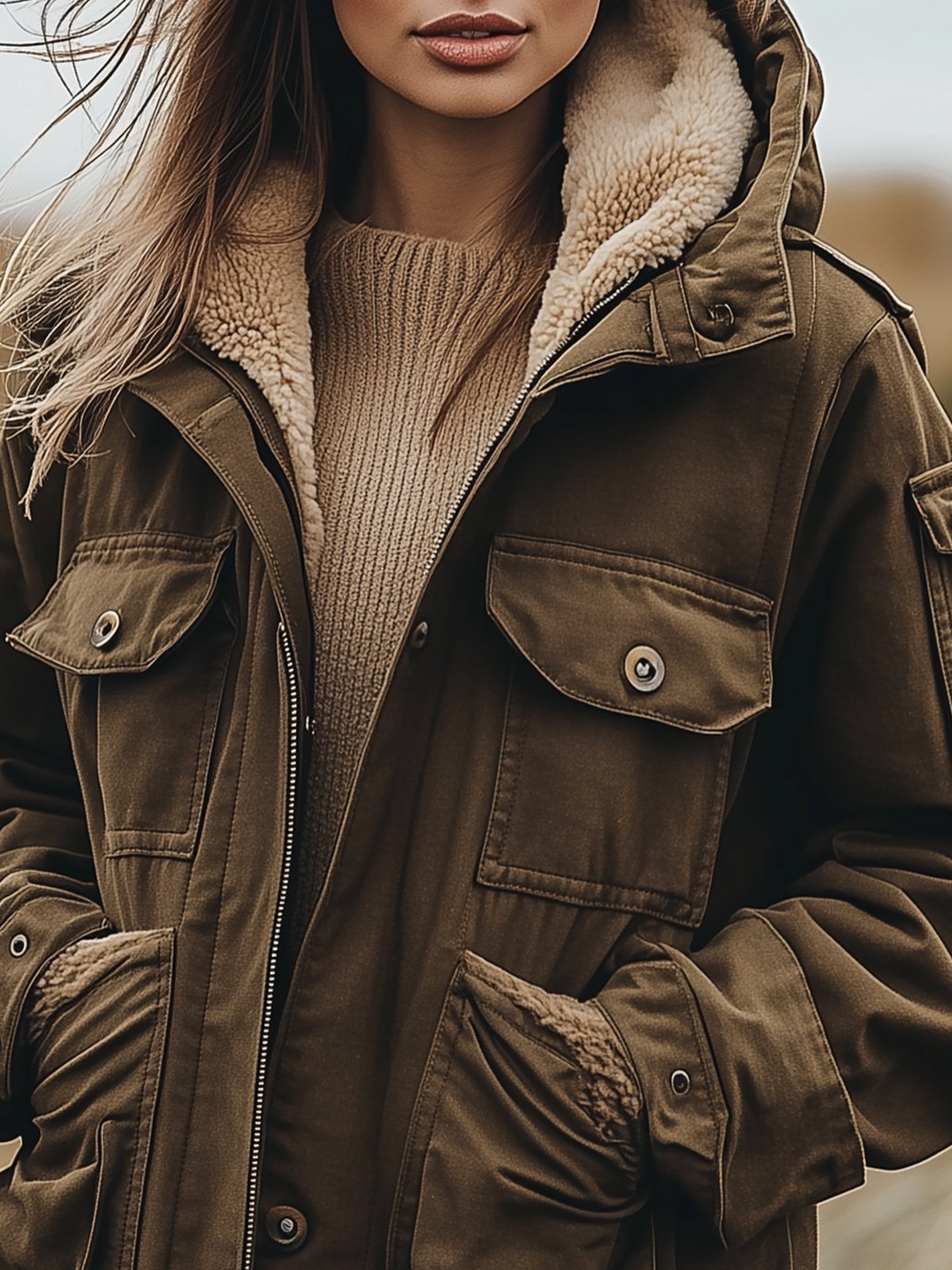 Brown Windproof Hooded Jacket With Sherpa Lining