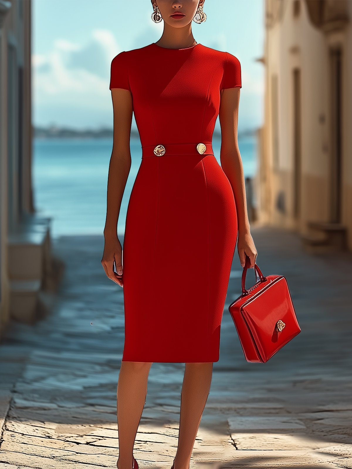 Charming Red Round-Neck Short-Sleeve Bodycon Dress