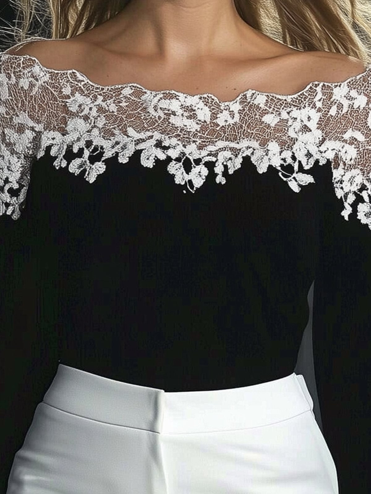 Off Shoulder Lace Patchwork Long-Sleeve Shirt