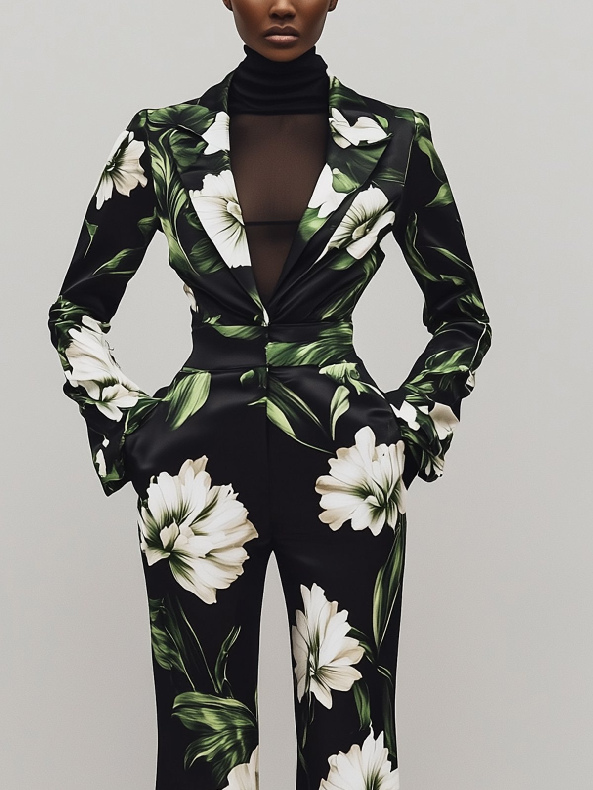 Tropical Floral Print Satin Jumpsuit