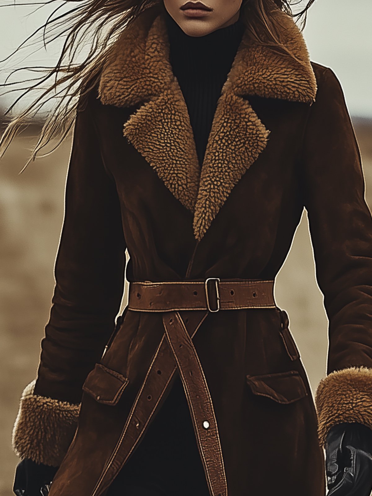 Brown Suede Long Coat With Fur Lined Collar