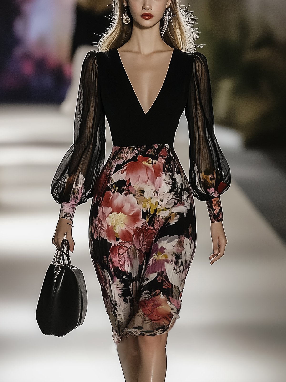 Elegant Floral Print Chiffon Bodycon Dress With Lantern Sleeves