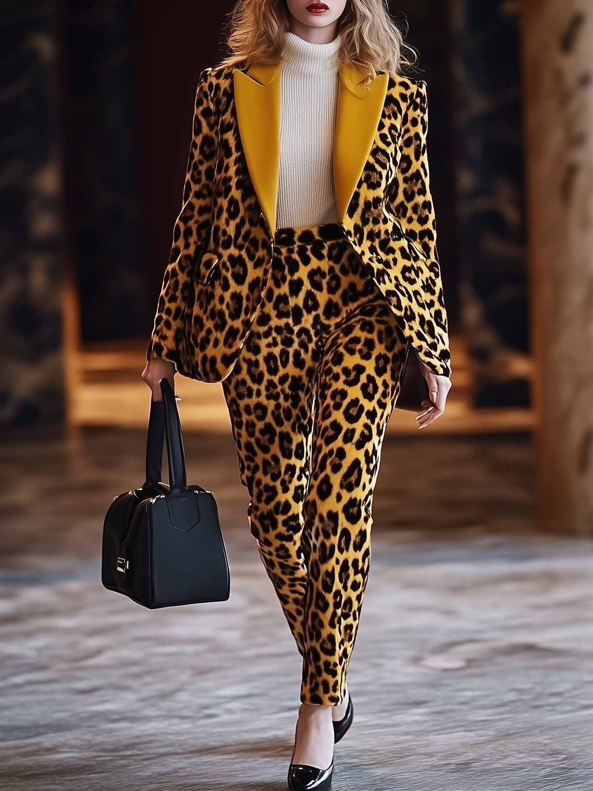 Yellow Velvet Leopard Print Blazer And Pants Suit