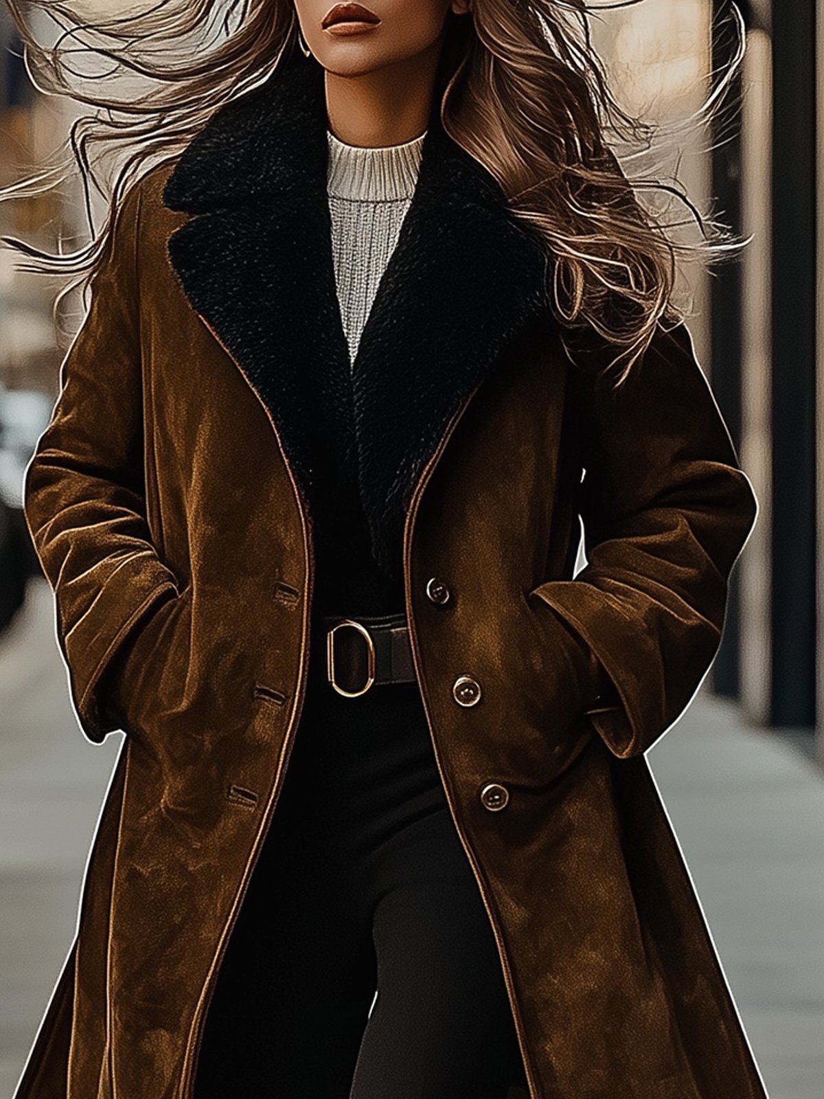 Brown Suede Warm Coat With Black Fur Collar