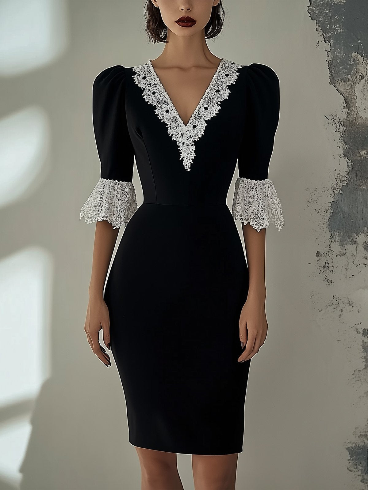 White Lace V-Neck Bell Sleeve Black Bodycon Dress