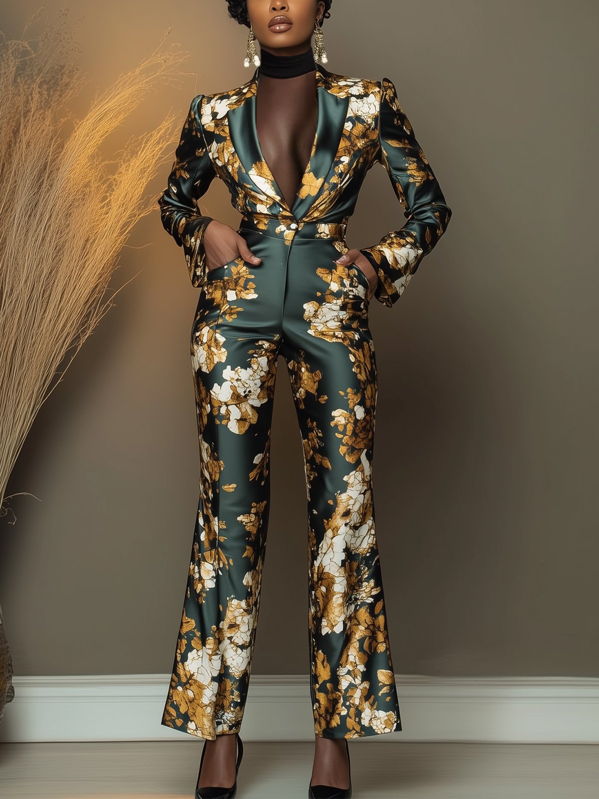 Luxury Satin Floral-Print Jumpsuit