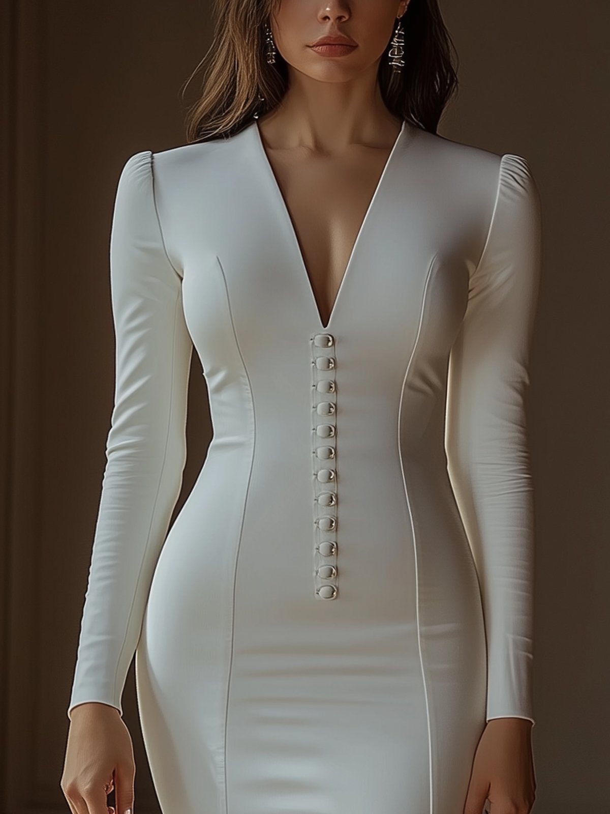 White V-Neck Long Sleeve Bodycon Dress With Front Slit And Button