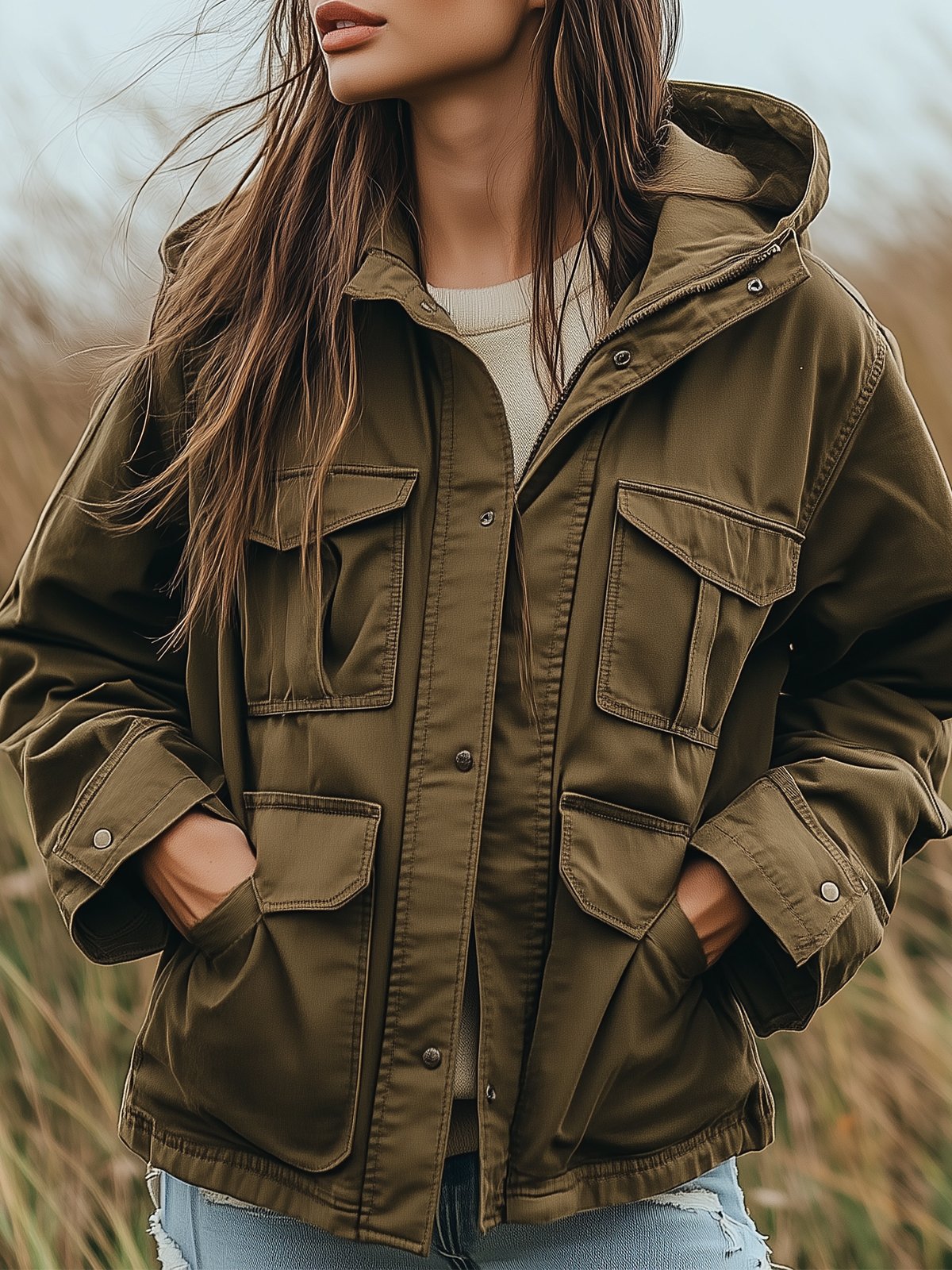 Casual Hooded Brown Jacket