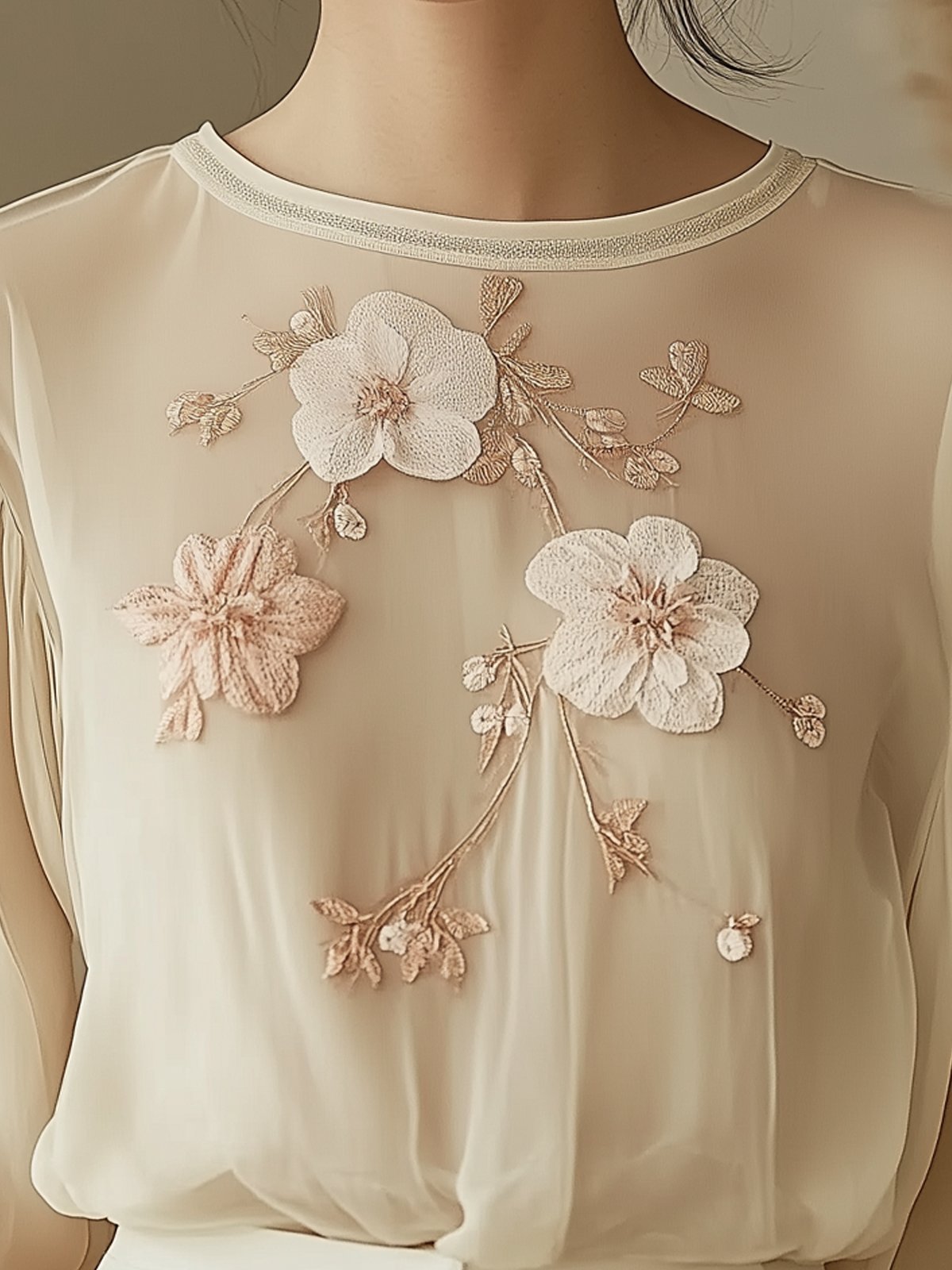 Beige Flower Embroidered Long Sleeve Shirt