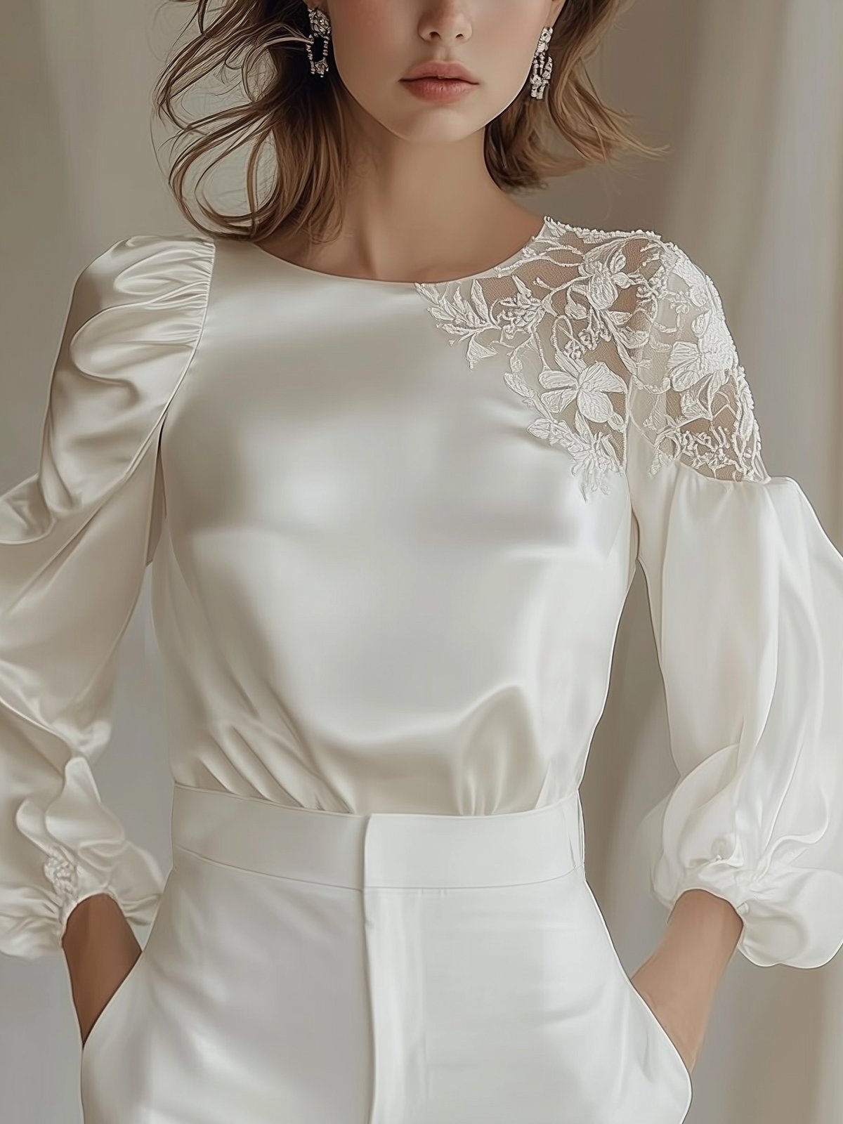 White Satin Shirt With Lace Shoulder Panels