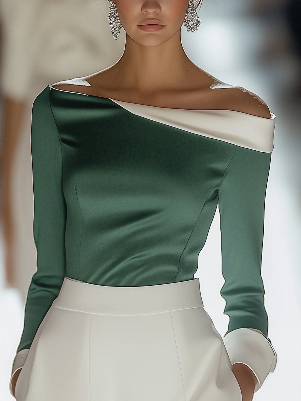 Elegant Green Off-Shoulder Shirt With White Collar And Cuffs