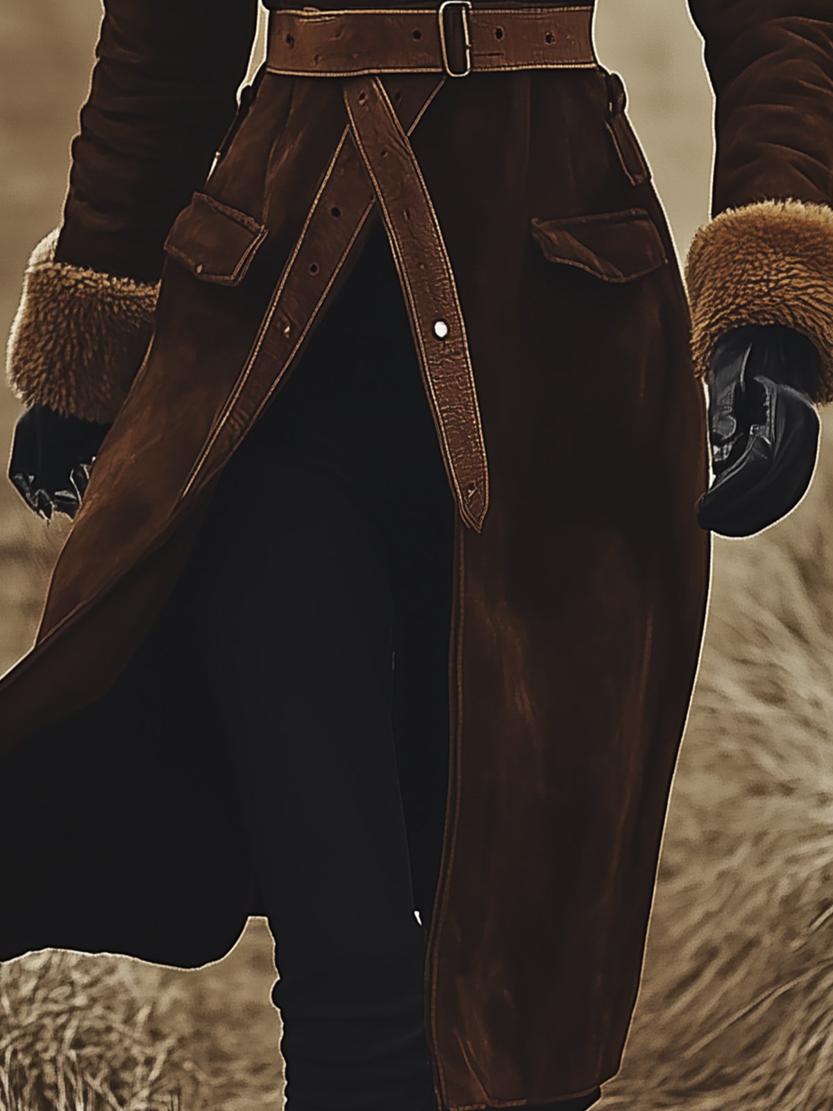 Brown Suede Long Coat With Fur Lined Collar