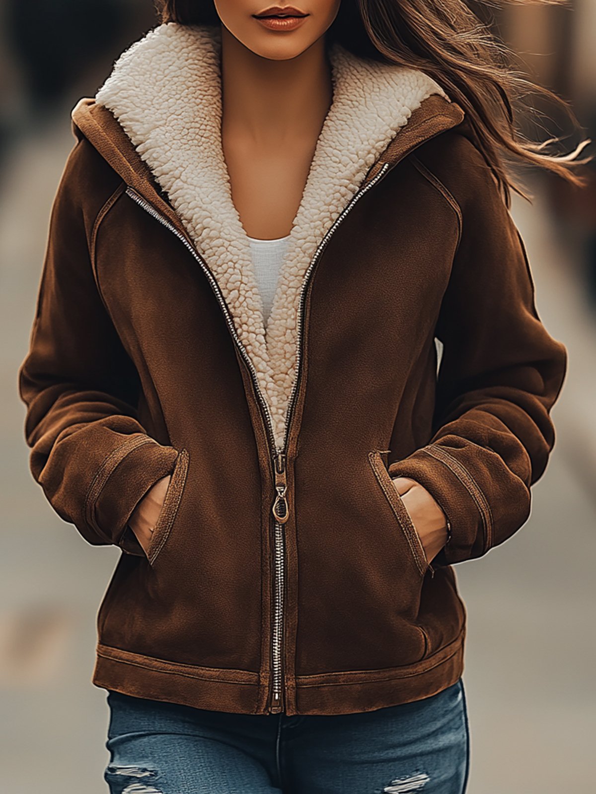 Brown Suede Coat With Sherpa Fur Turn Down Collar