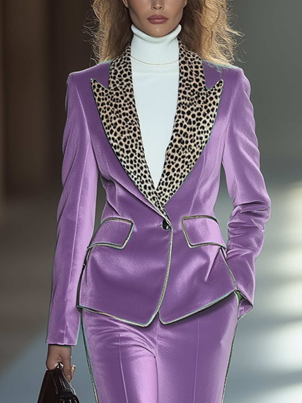 Light Purple Velvet Blazer With Leopard Print Lapels