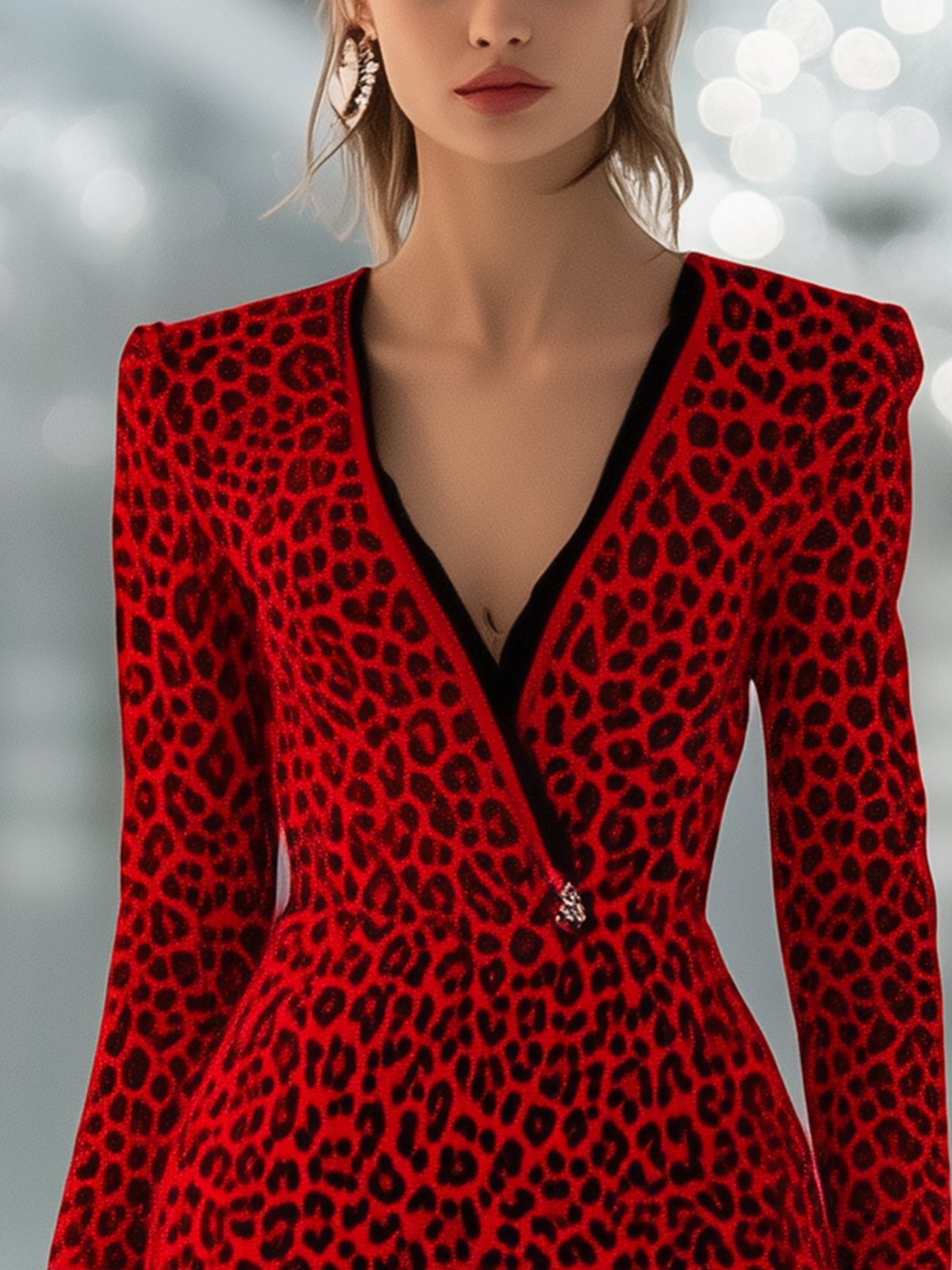 V-Neck Red Leopard Print Bodycon Dress