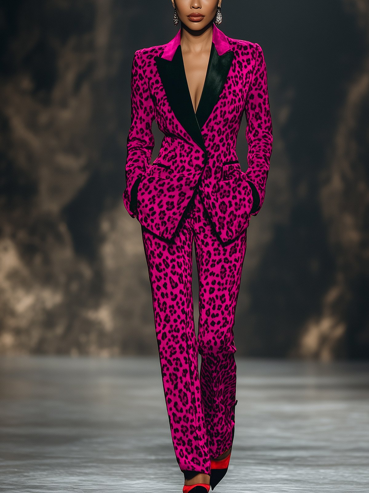 Fashionable Rose Red Velvet Leopard Print Suit