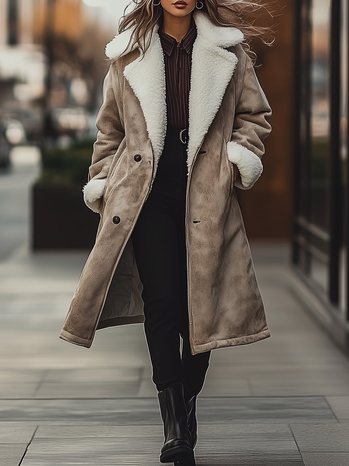 Vintage Suede Thickened Warm Coat With Fur Collar