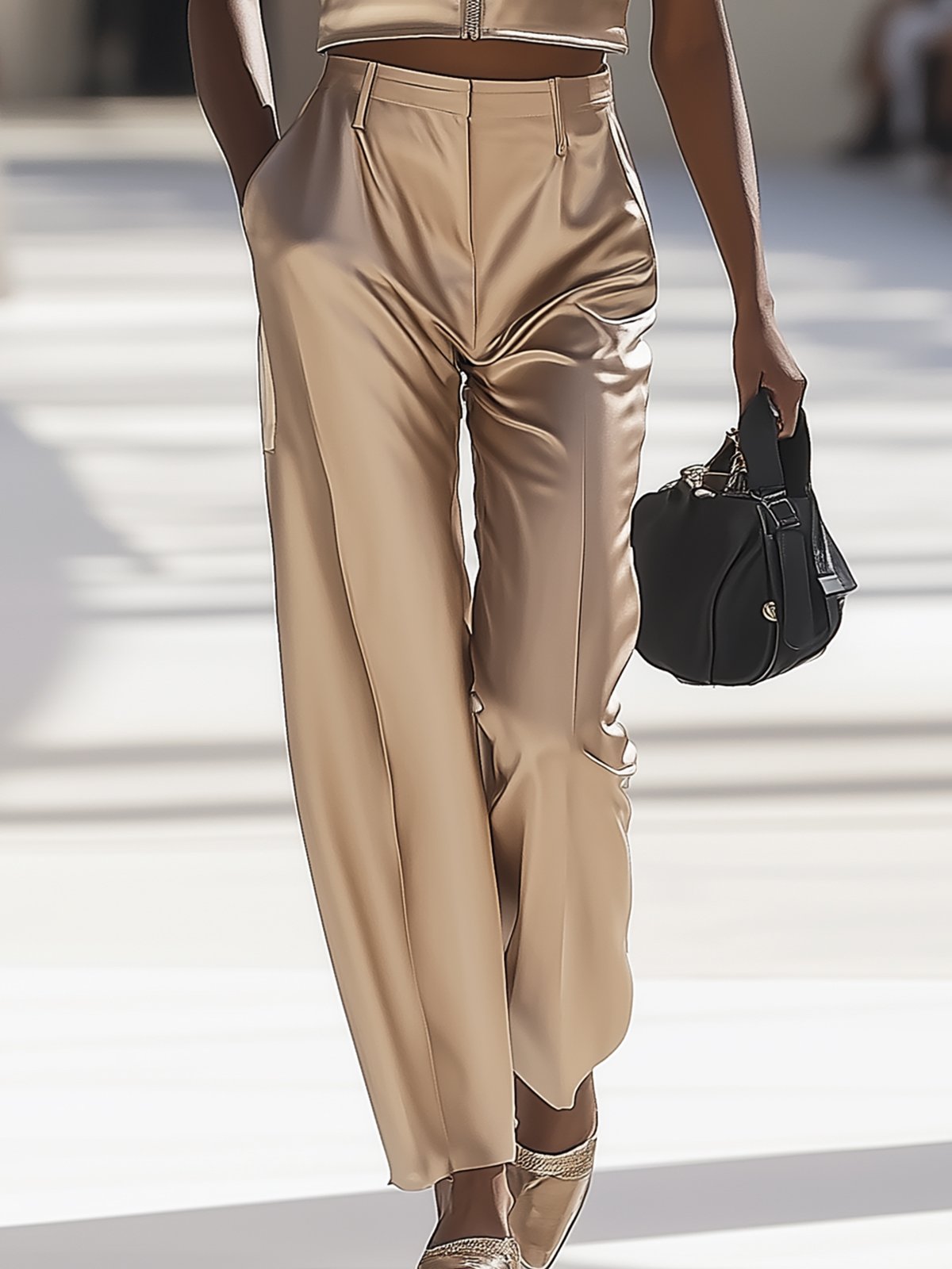 Beige Satin Zip Vest And Pants Suit