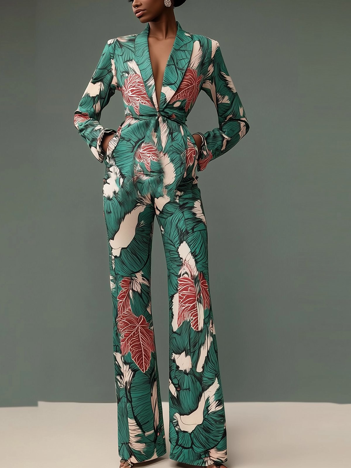 Tropical Floral Print Green Jumpsuit