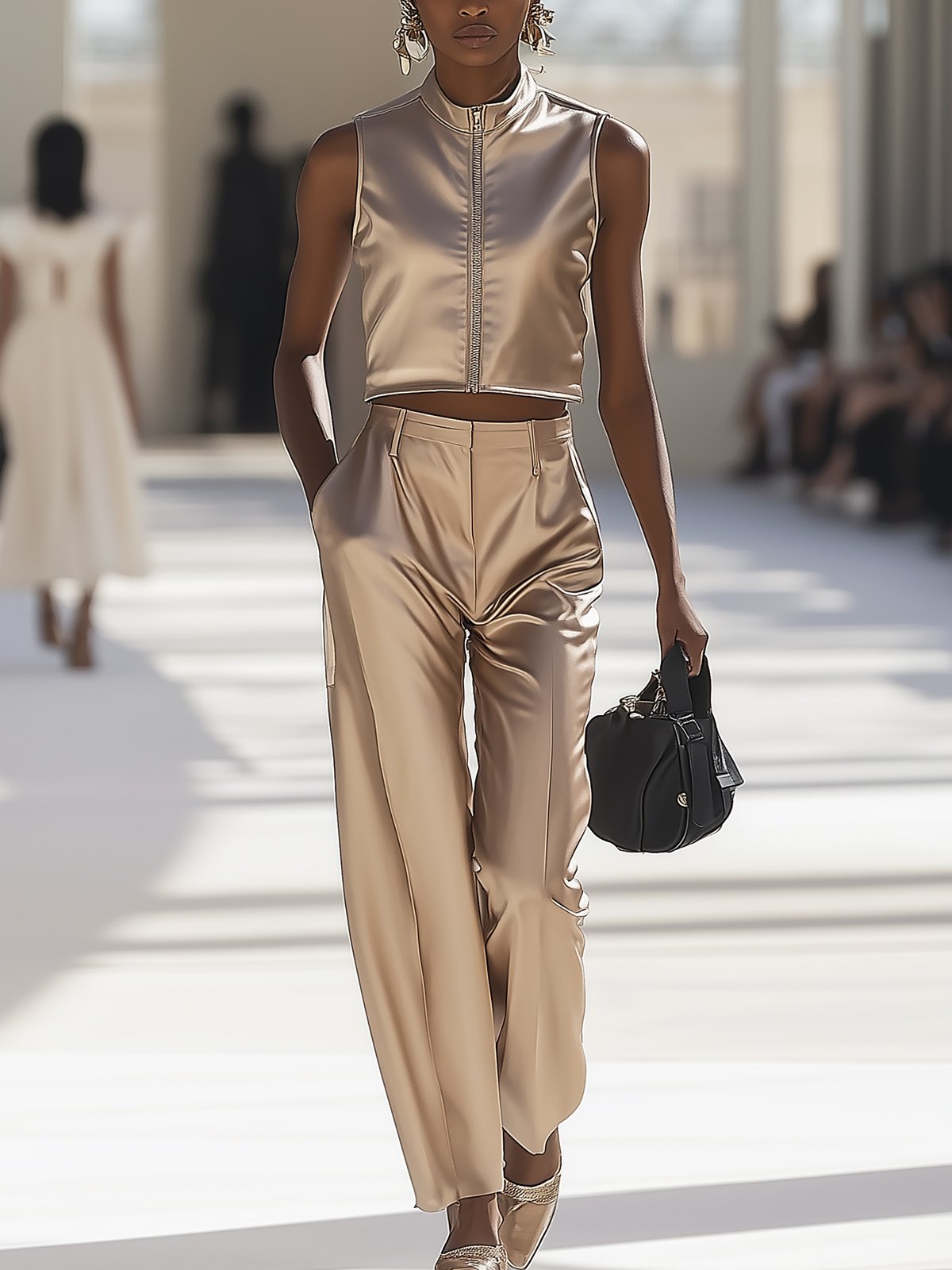 Beige Satin Zip Vest And Pants Suit