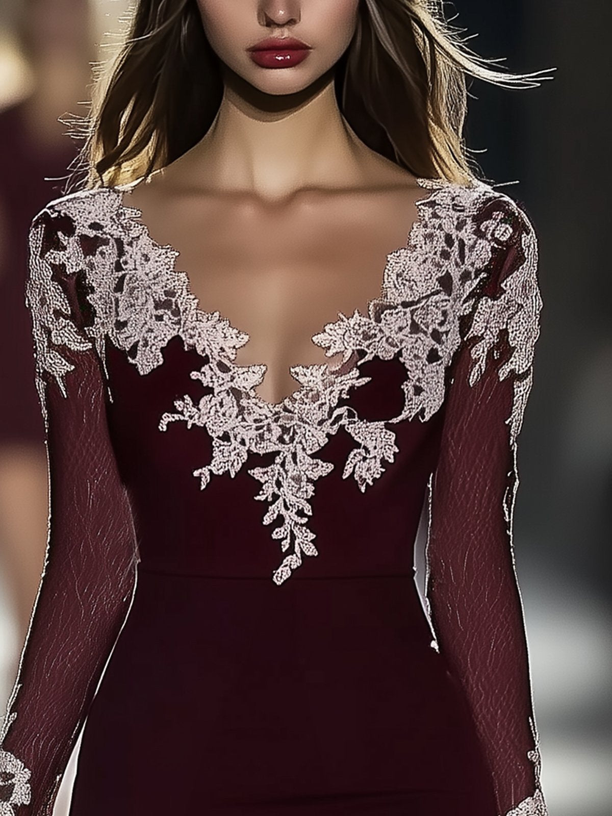 Burgundy Lace V-Neck Mesh Long-Sleeve Bodycon Dress