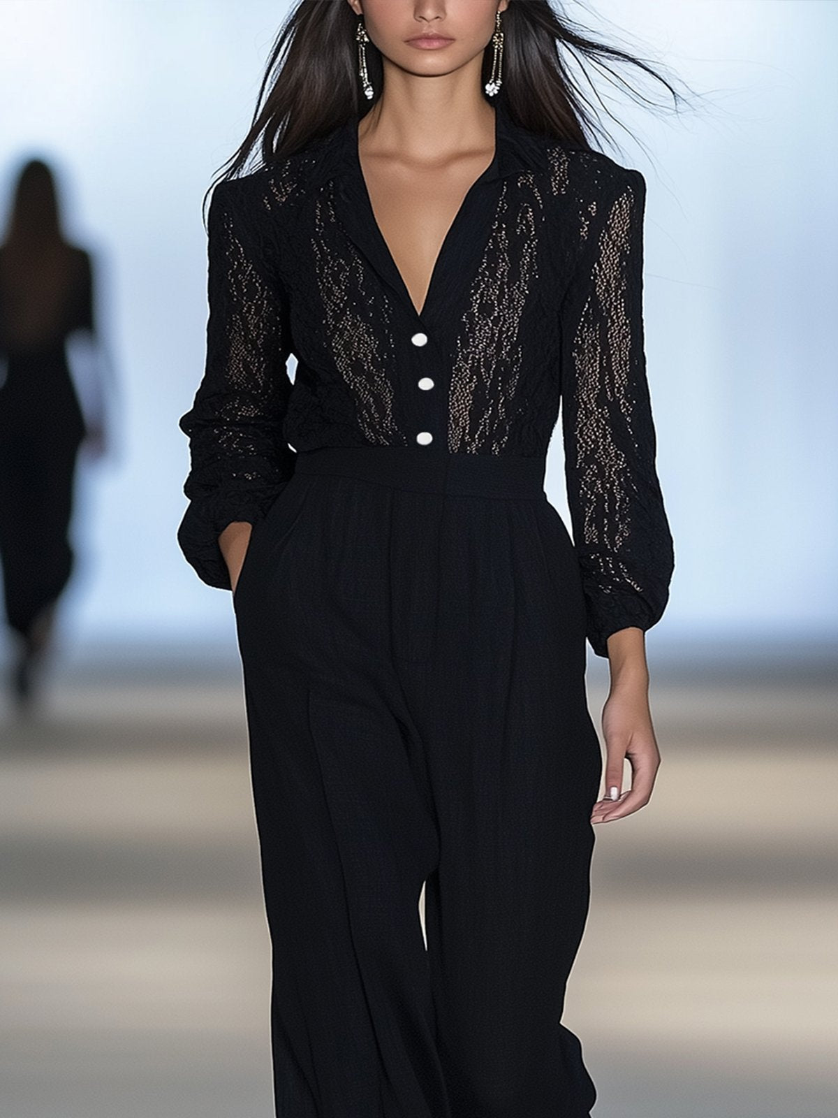 Black Lace And Velvet Patchwork Jumpsuit