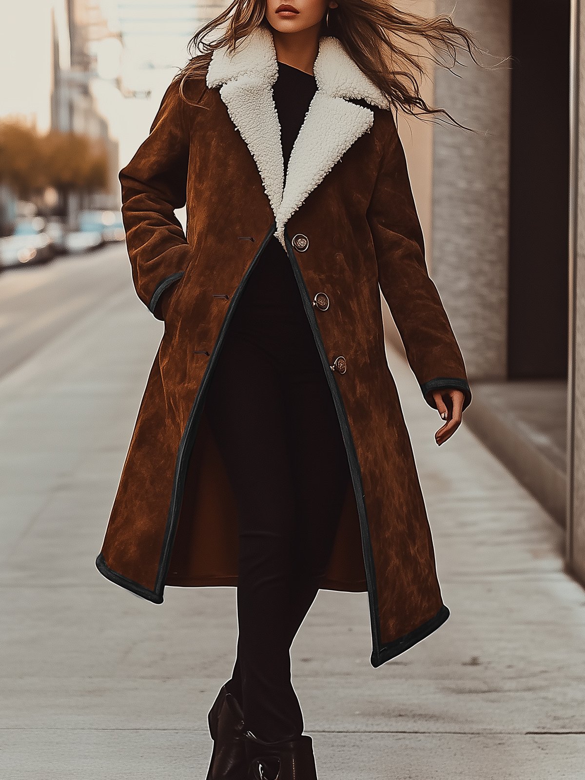 Urban Brown Suede Coat With Black Line Trim