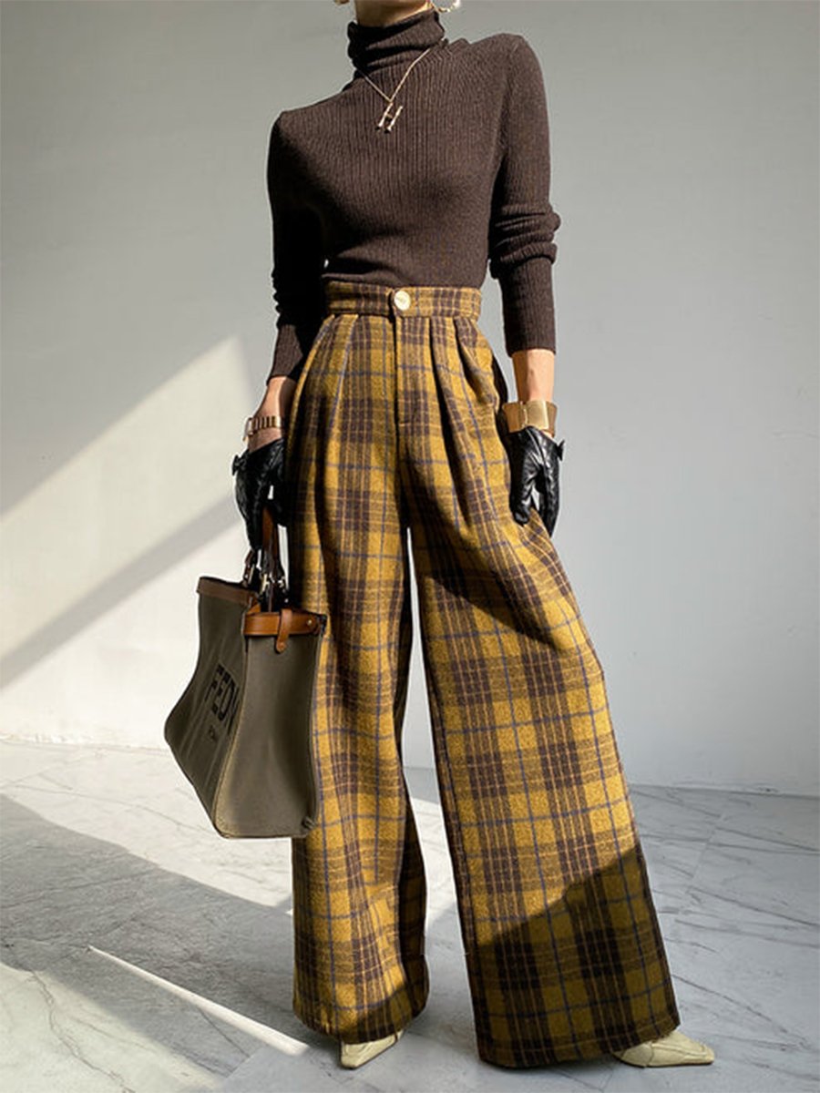 Wool Plaid Elegant Trousers