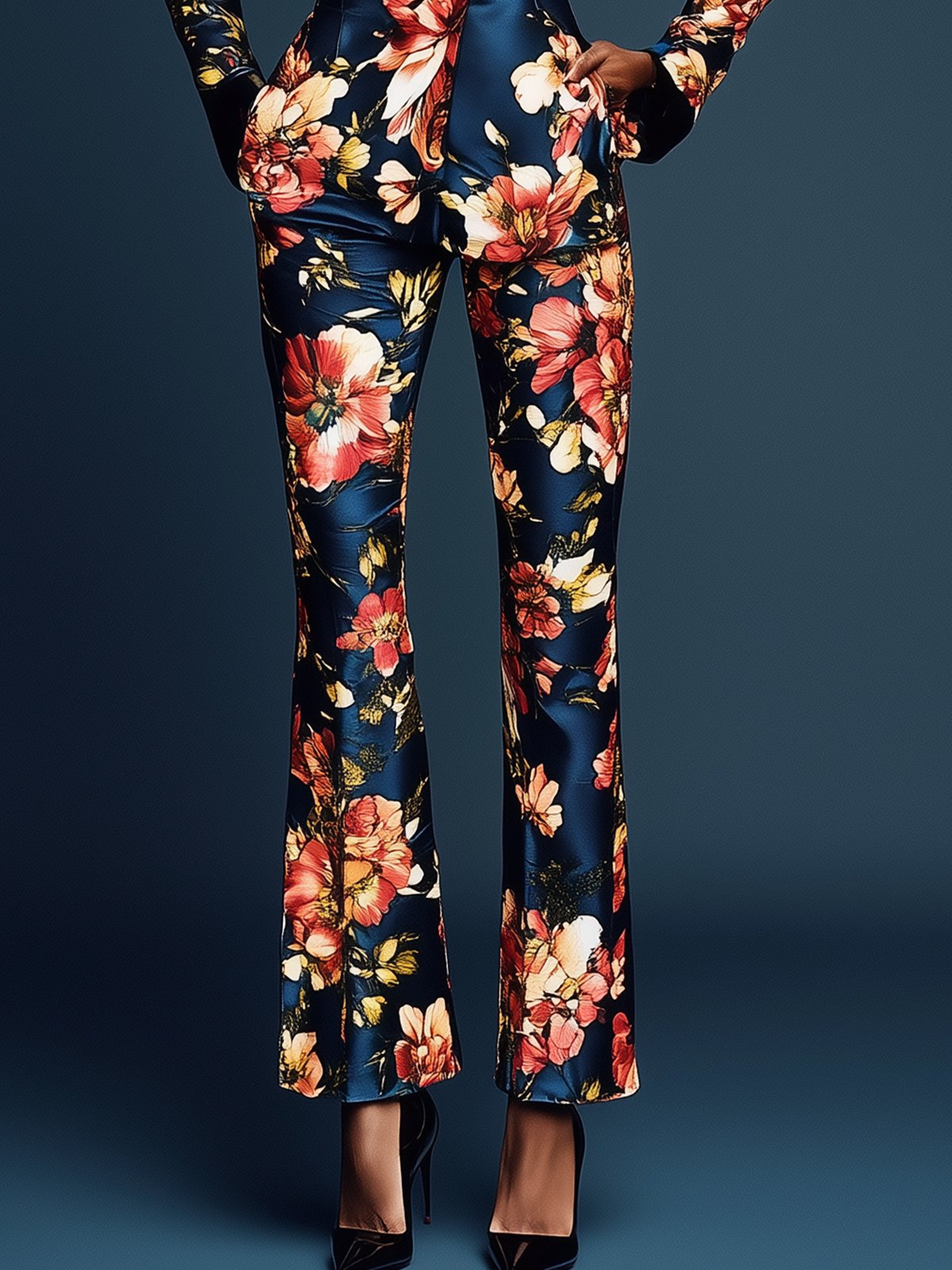 Classic Dark Blue Satin Floral Print Jumpsuit