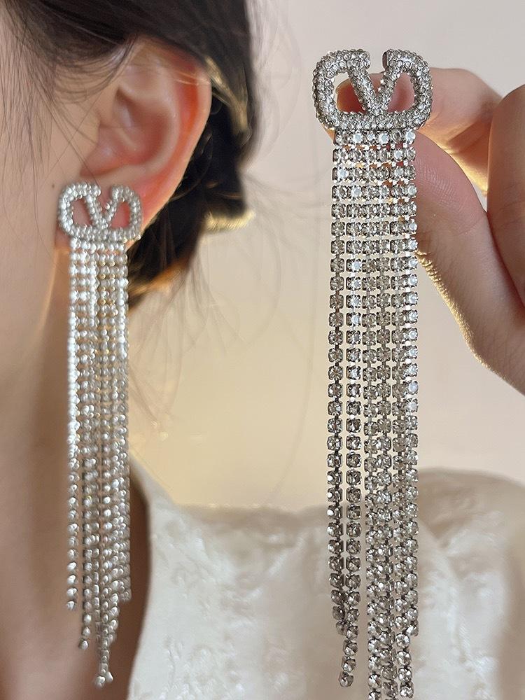 V Letter Full Diamond Tassel Earrings