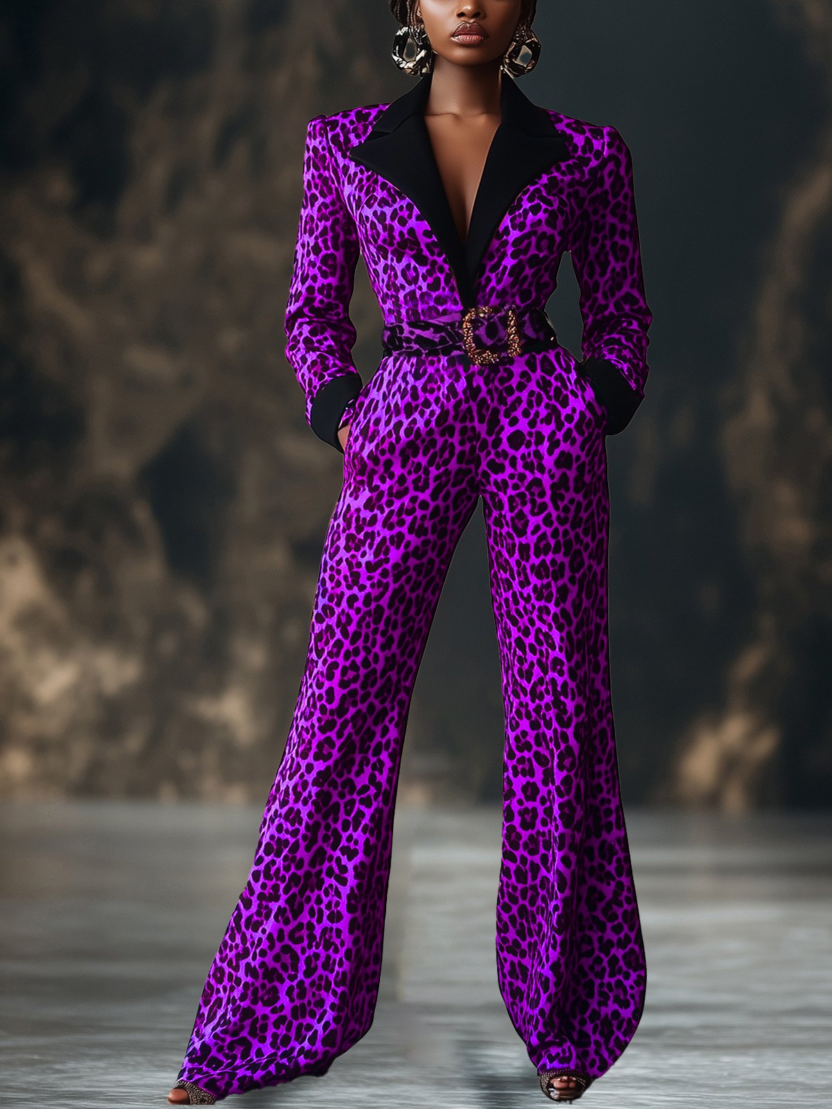 Stylish Purple Leopard Print Lapel Jumpsuit With Belt